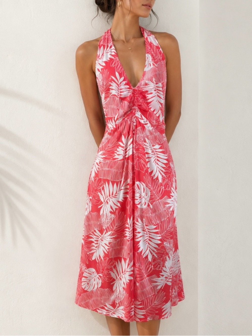 MAKAI BEACH HAWAII 100% Cotton Halter Midi Coral Leaf Print Hawaiian Dress XL